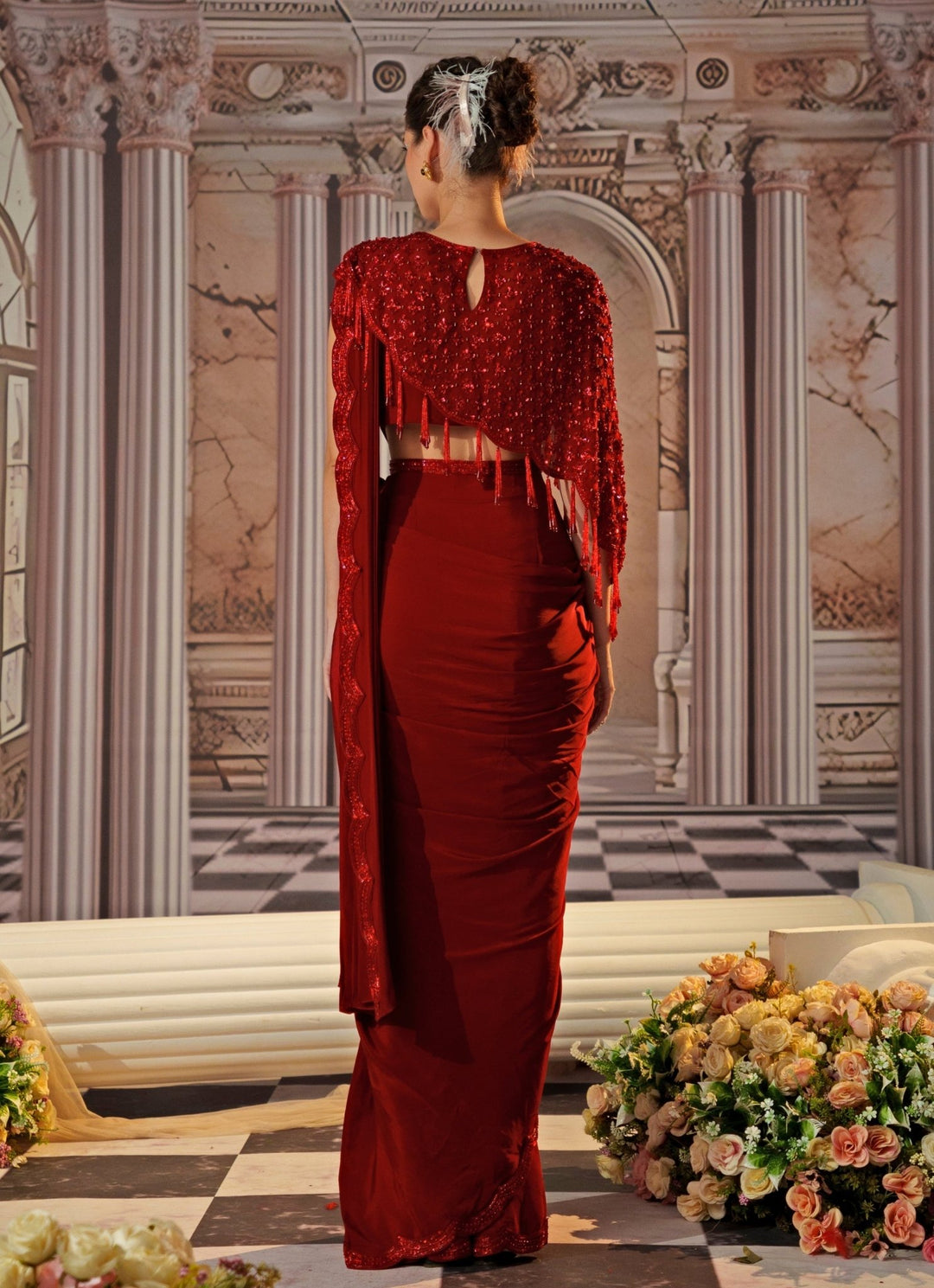 Red Sequin Embroidered Crepe Saree With Cape Nidhika Shekhar - Fabilicious Fashion