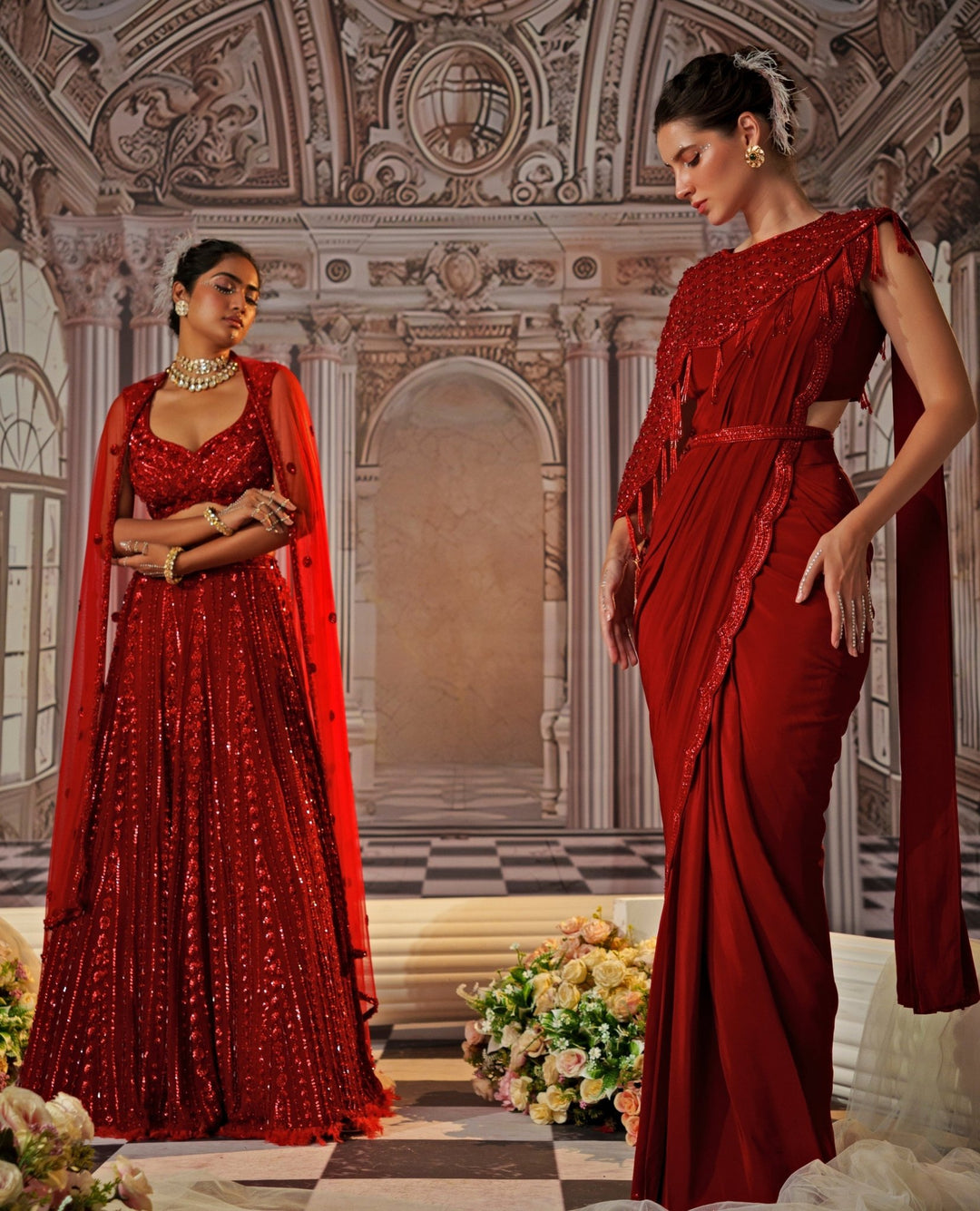 Red Sequin Embroidered Crepe Saree With Cape Nidhika Shekhar - Fabilicious Fashion