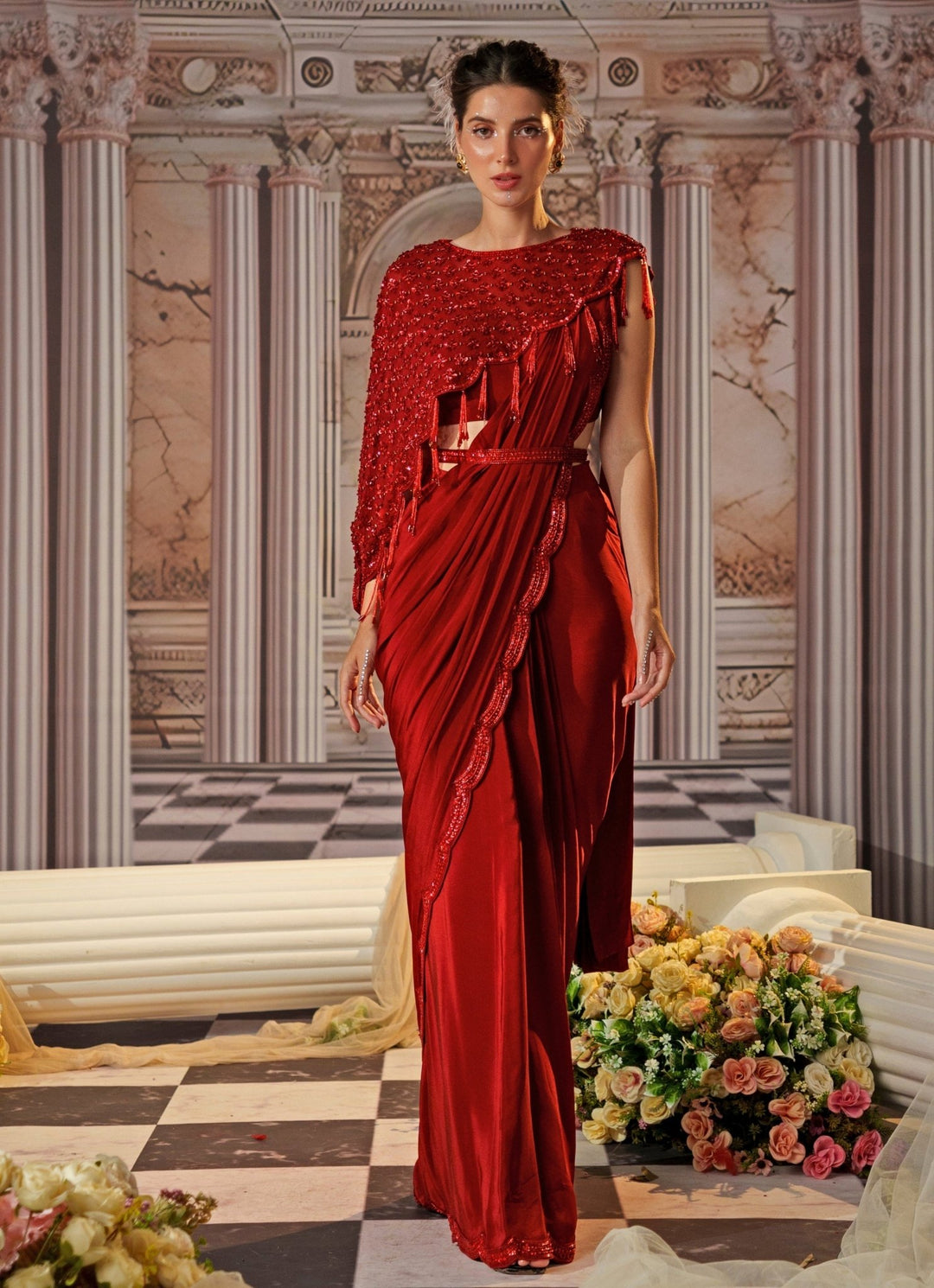 Red Sequin Embroidered Crepe Saree With Cape Nidhika Shekhar - Fabilicious Fashion