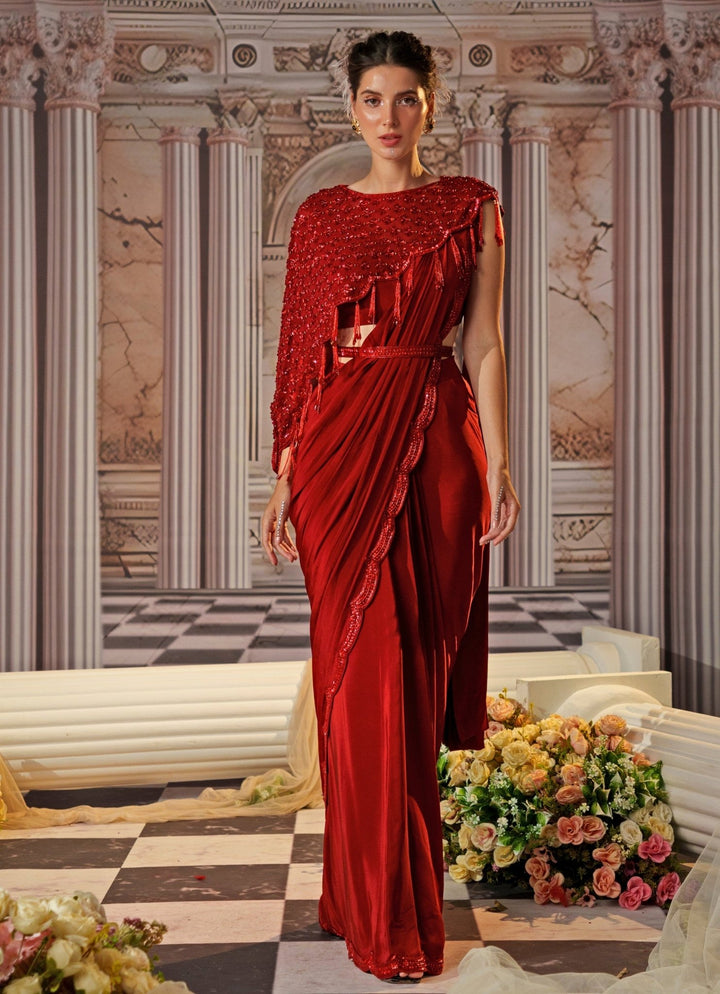 Red Sequin Embroidered Crepe Saree With Cape Nidhika Shekhar - Fabilicious Fashion