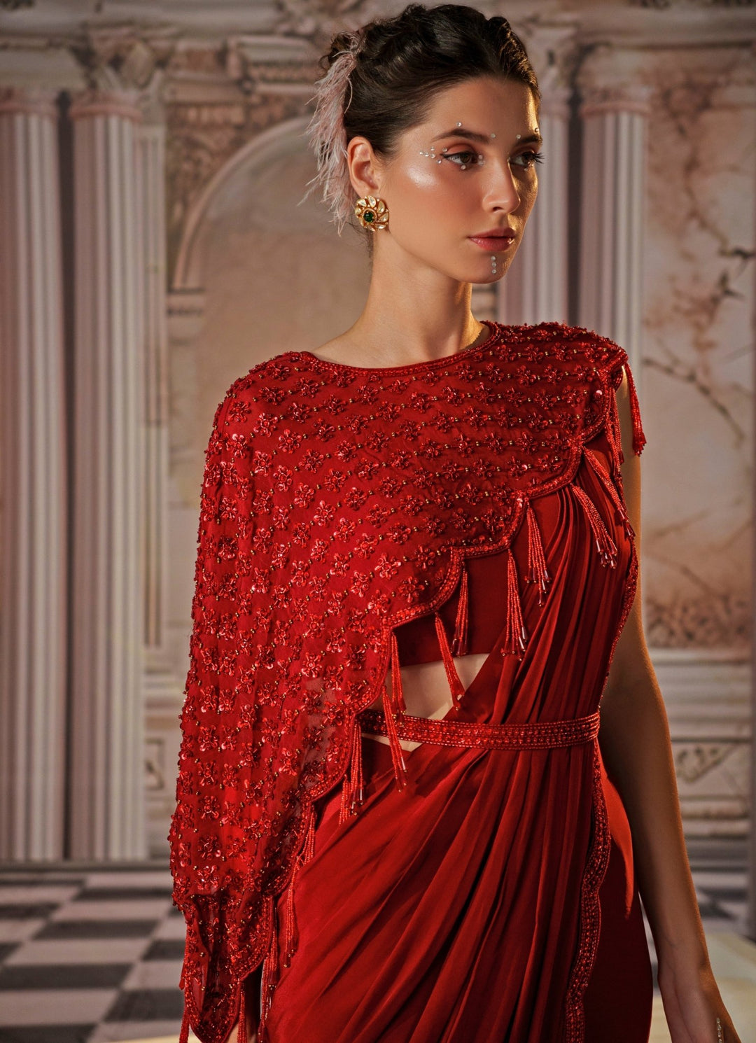 Red Sequin Embroidered Crepe Saree With Cape Nidhika Shekhar - Fabilicious Fashion