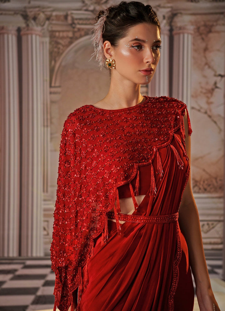 Red Sequin Embroidered Crepe Saree With Cape Nidhika Shekhar - Fabilicious Fashion