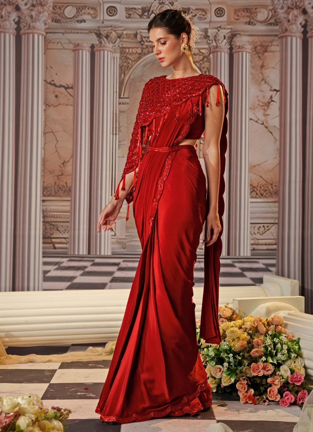 Red Sequin Embroidered Crepe Saree With Cape Nidhika Shekhar - Fabilicious Fashion