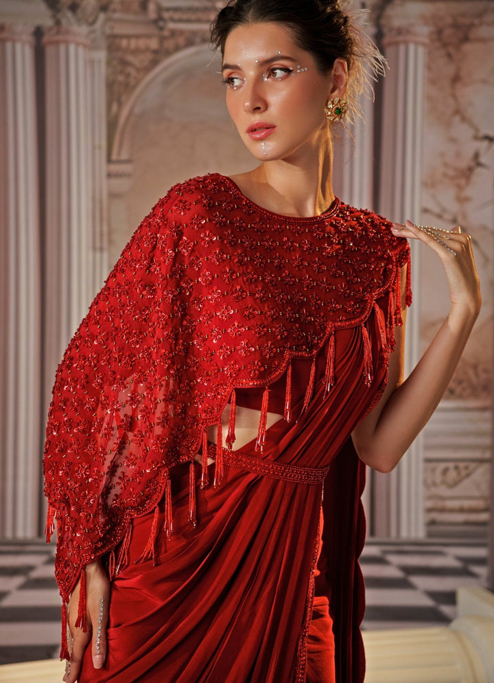 Red Sequin Embroidered Crepe Saree With Cape Nidhika Shekhar - Fabilicious Fashion