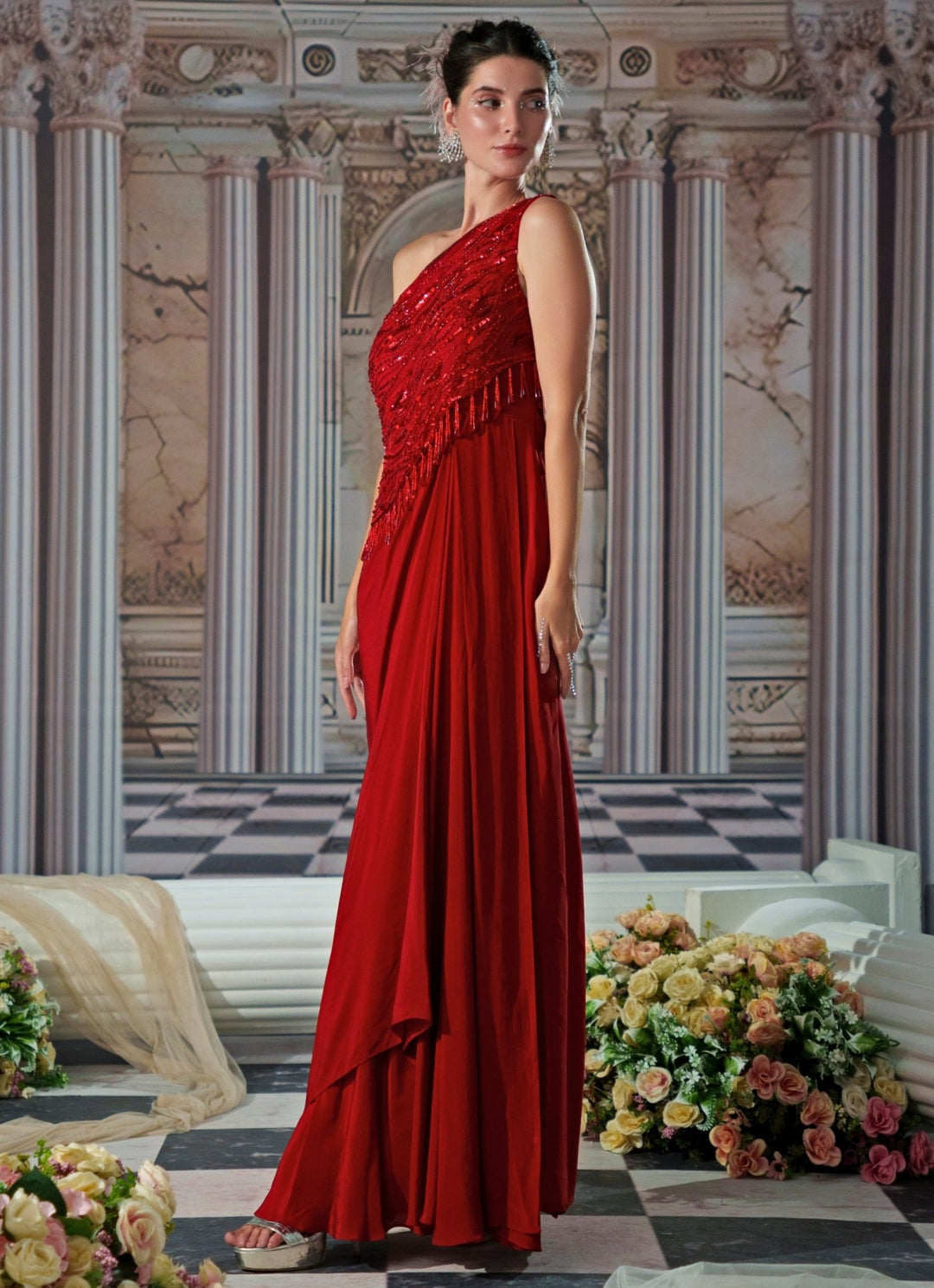Red Sequin Embroidered One Shoulder Gown Nidhika Shekhar - Fabilicious Fashion