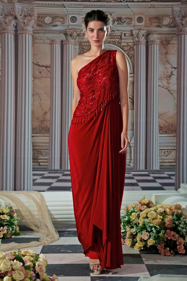 Red sequin embroidered one shoulder gown for a wedding reception