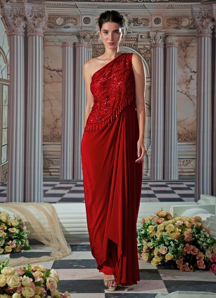 Red Sequin Embroidered One Shoulder Gown Nidhika Shekhar - Fabilicious Fashion