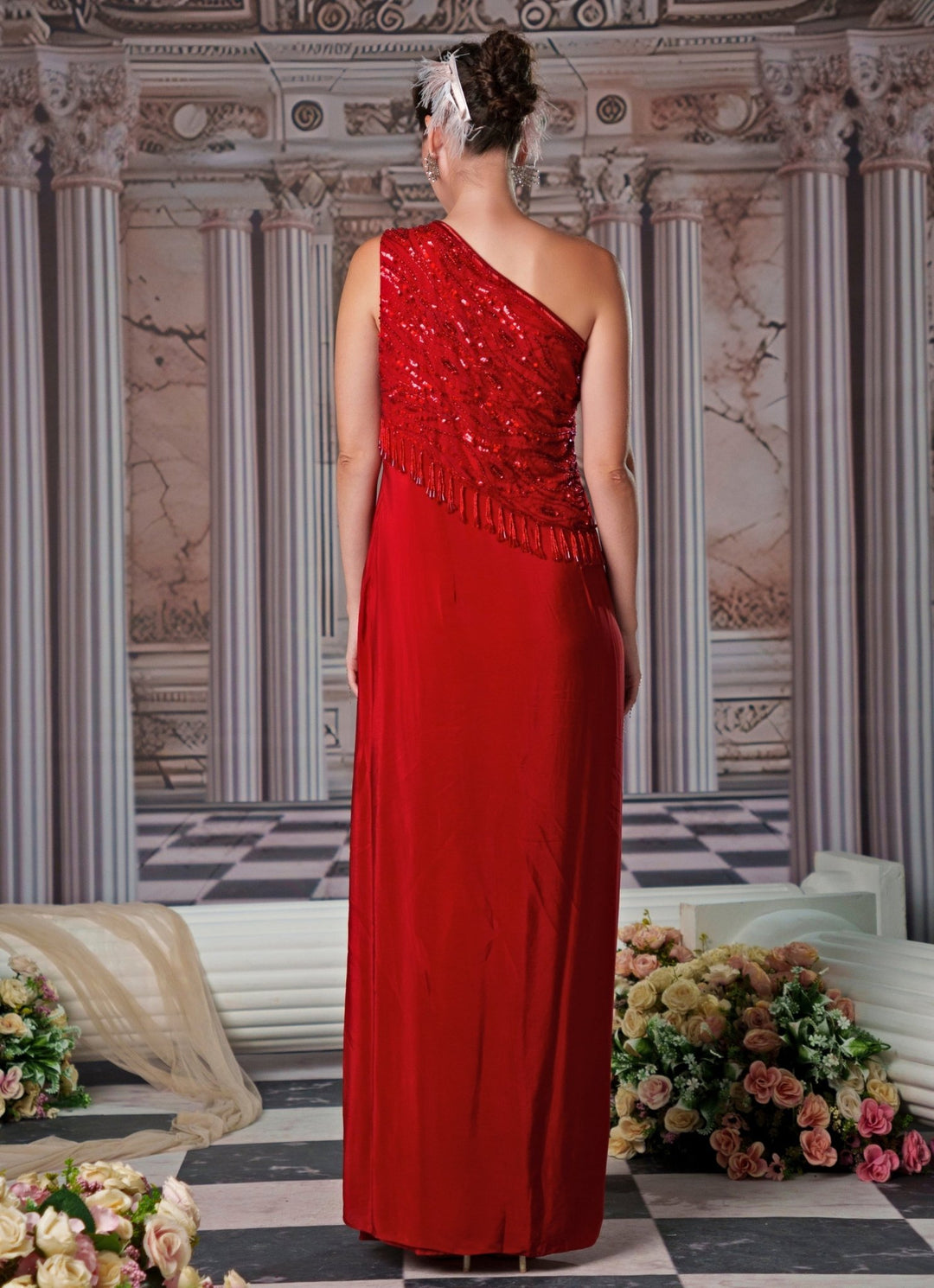 Red Sequin Embroidered One Shoulder Gown Nidhika Shekhar - Fabilicious Fashion