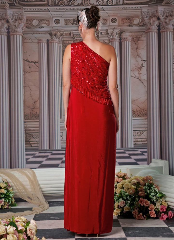 Red Sequin Embroidered One Shoulder Gown Nidhika Shekhar - Fabilicious Fashion