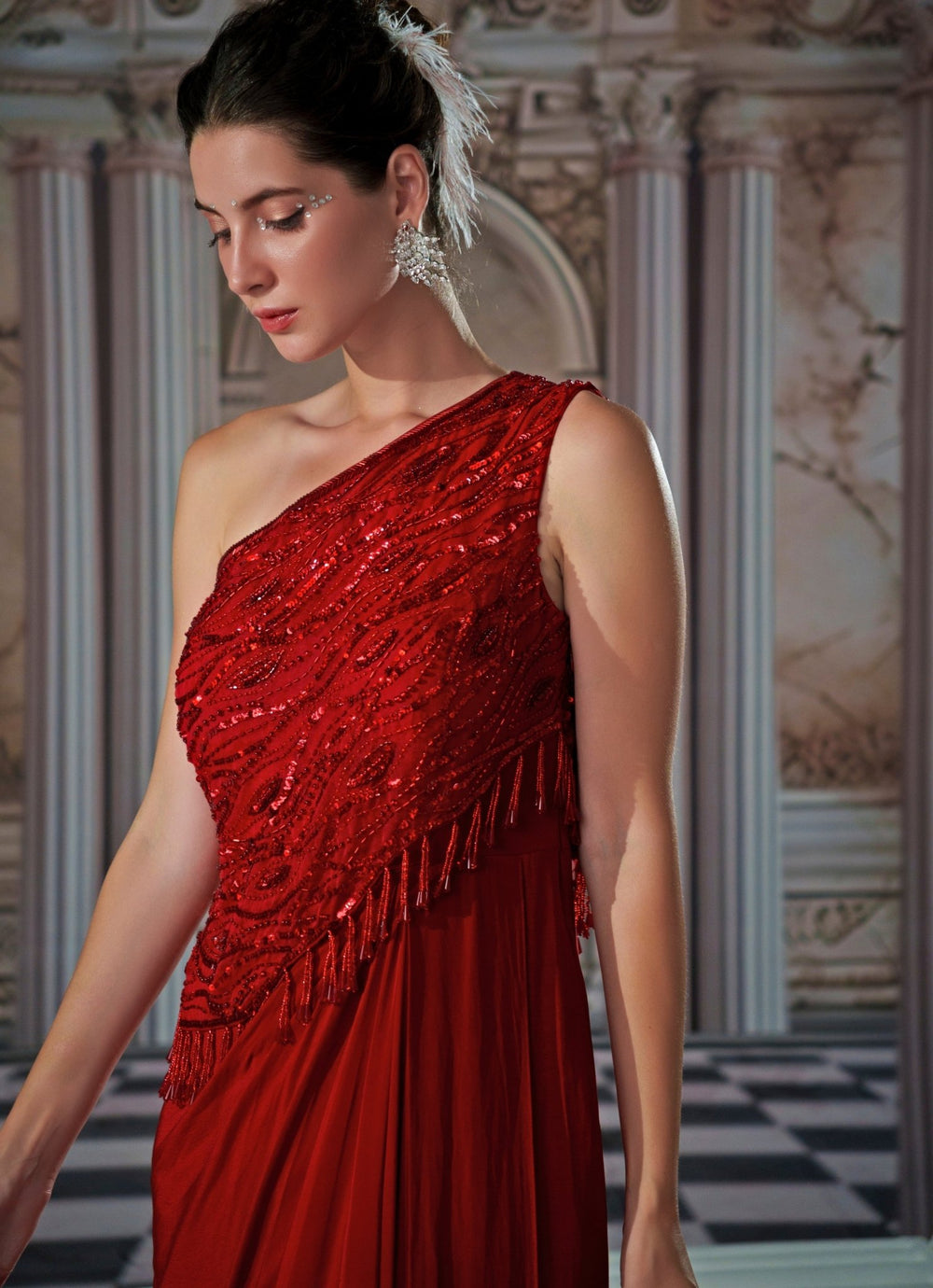 Red Sequin Embroidered One Shoulder Gown Nidhika Shekhar - Fabilicious Fashion