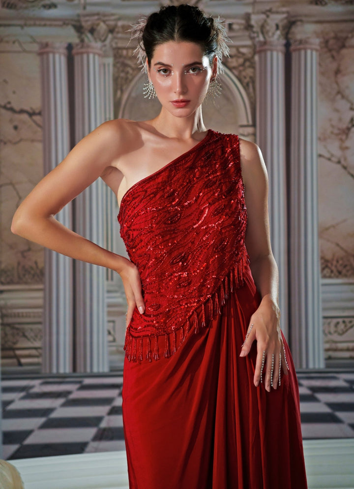 Red Sequin Embroidered One Shoulder Gown Nidhika Shekhar - Fabilicious Fashion
