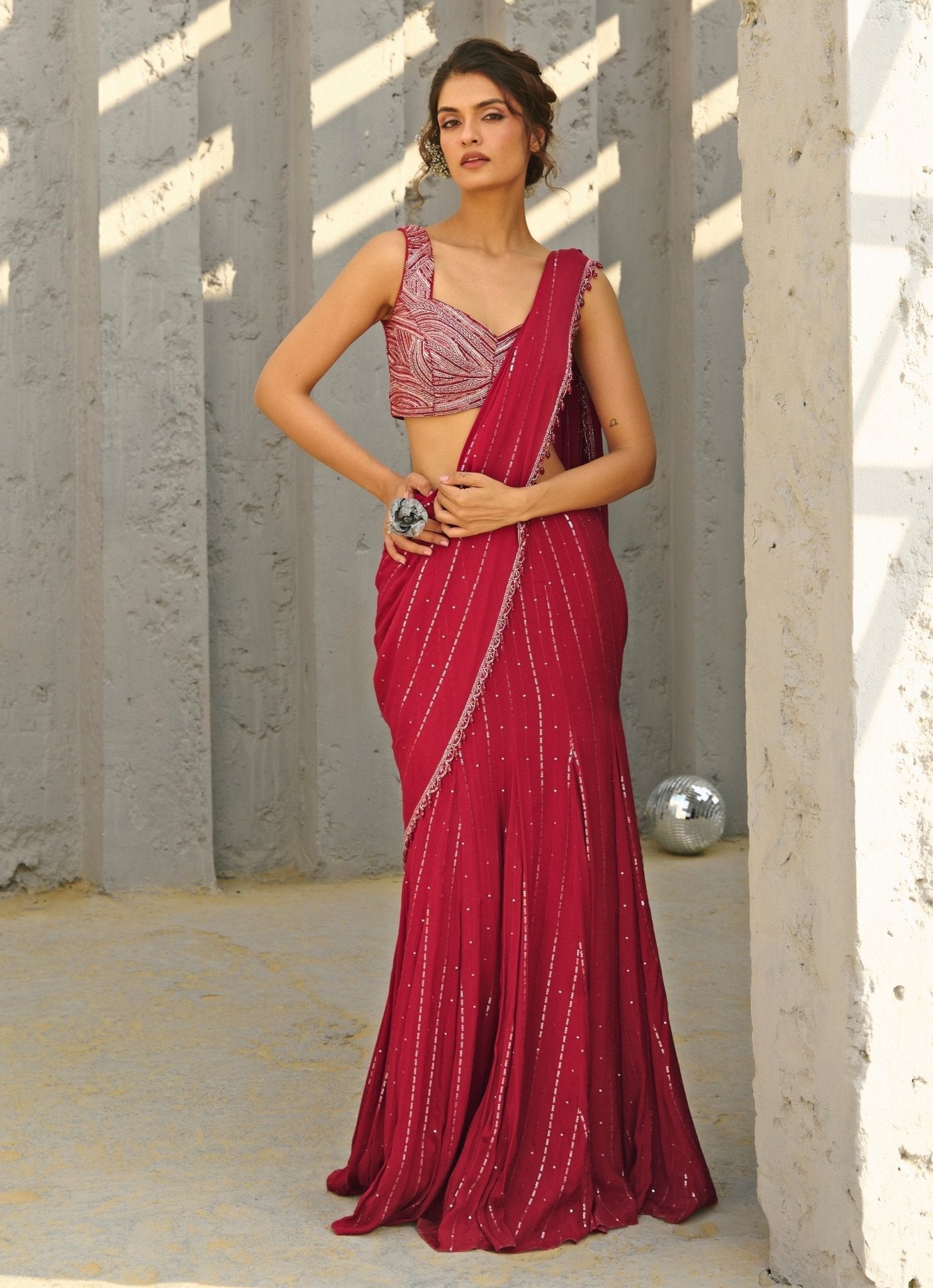 Red sequin pre-stitched georgette saree — Valentine’s Day red saree