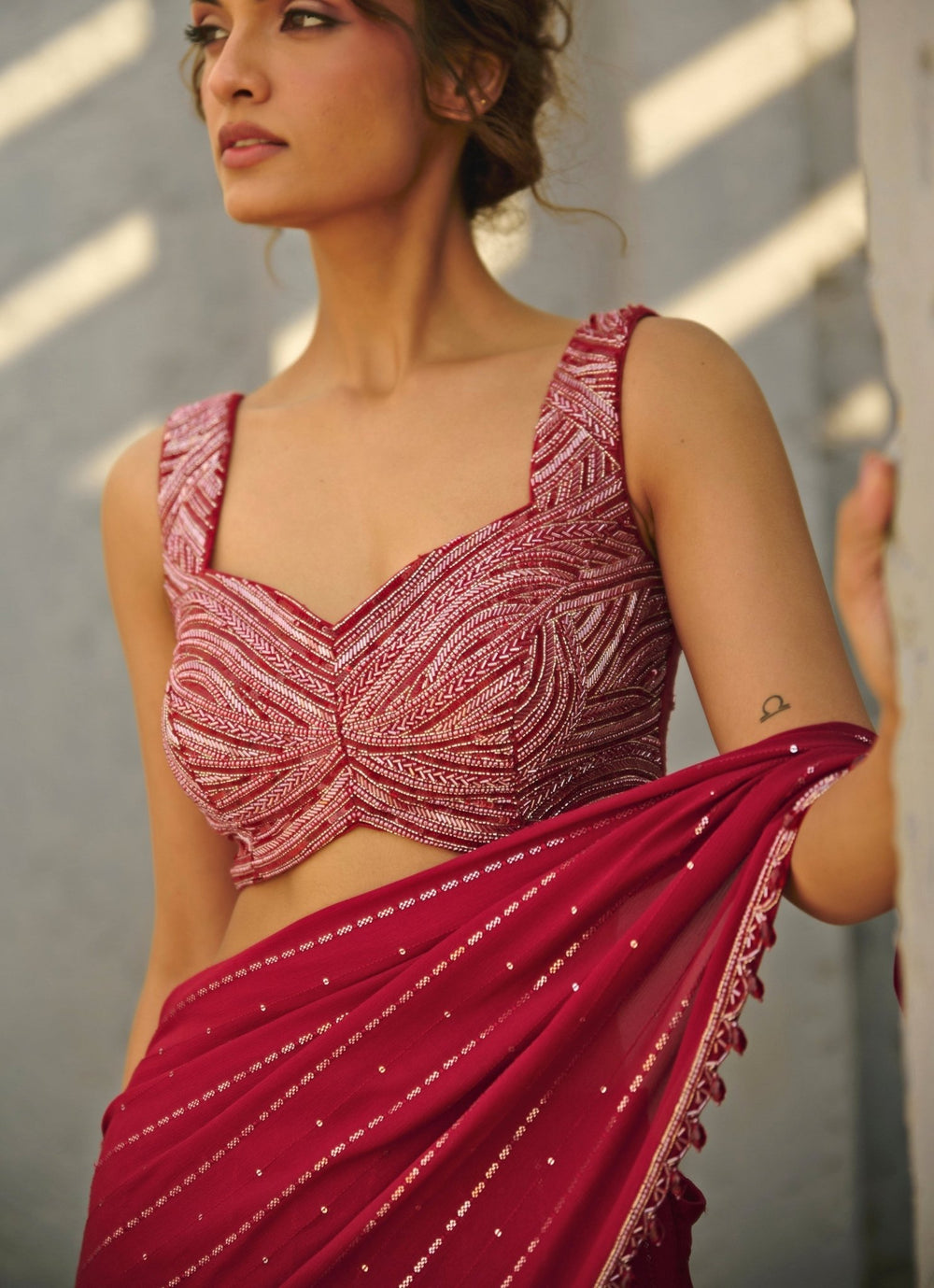 Red Sequin Embroidered Pre - Stitched Georgette Saree Chamee and Palak - Fabilicious Fashion