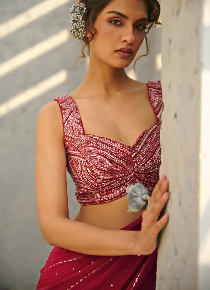 Red Sequin Embroidered Pre - Stitched Georgette Saree Chamee and Palak - Fabilicious Fashion