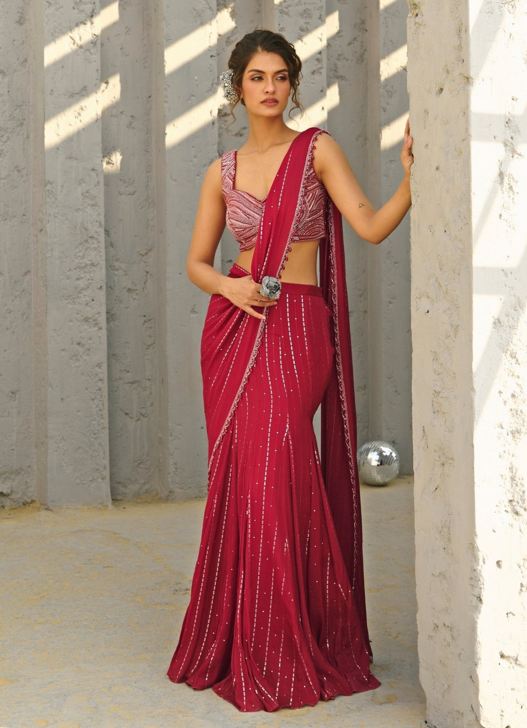 Red Sequin Embroidered Pre - Stitched Georgette Saree Chamee and Palak - Fabilicious Fashion