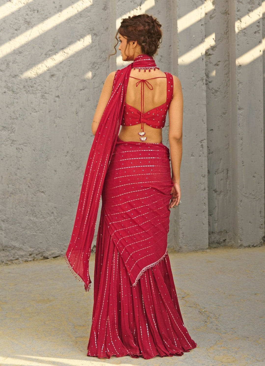 Red Sequin Embroidered Pre - Stitched Georgette Saree Chamee and Palak - Fabilicious Fashion