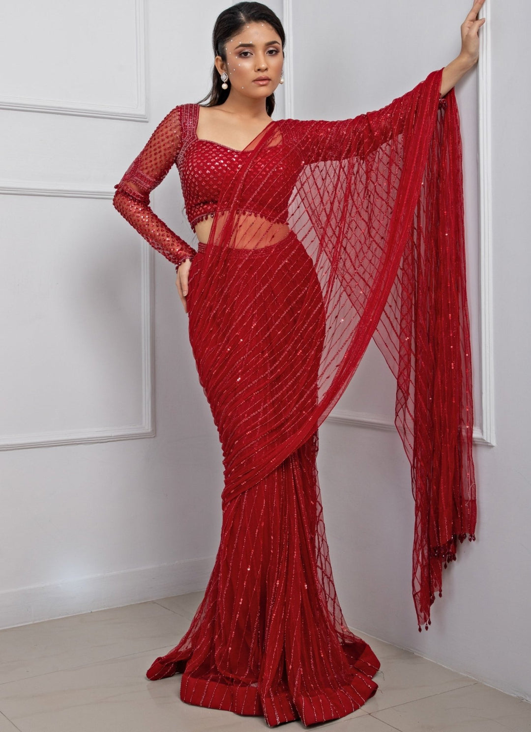 Red Sequin Soft Net Predraped Saree Set With Backless Blouse Smriti - Fabilicious Fashion