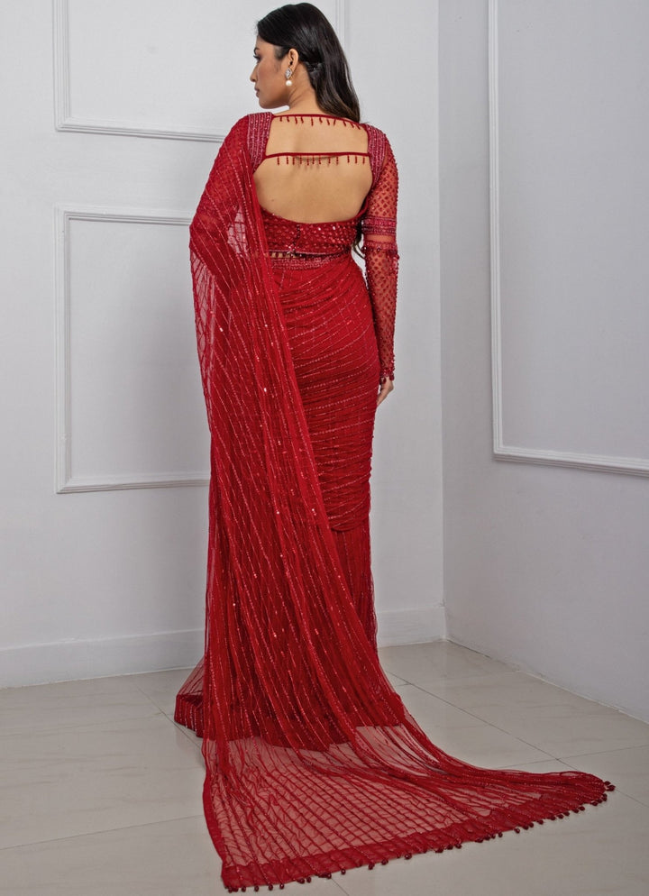 Red Sequin Soft Net Predraped Saree Set With Backless Blouse Smriti - Fabilicious Fashion