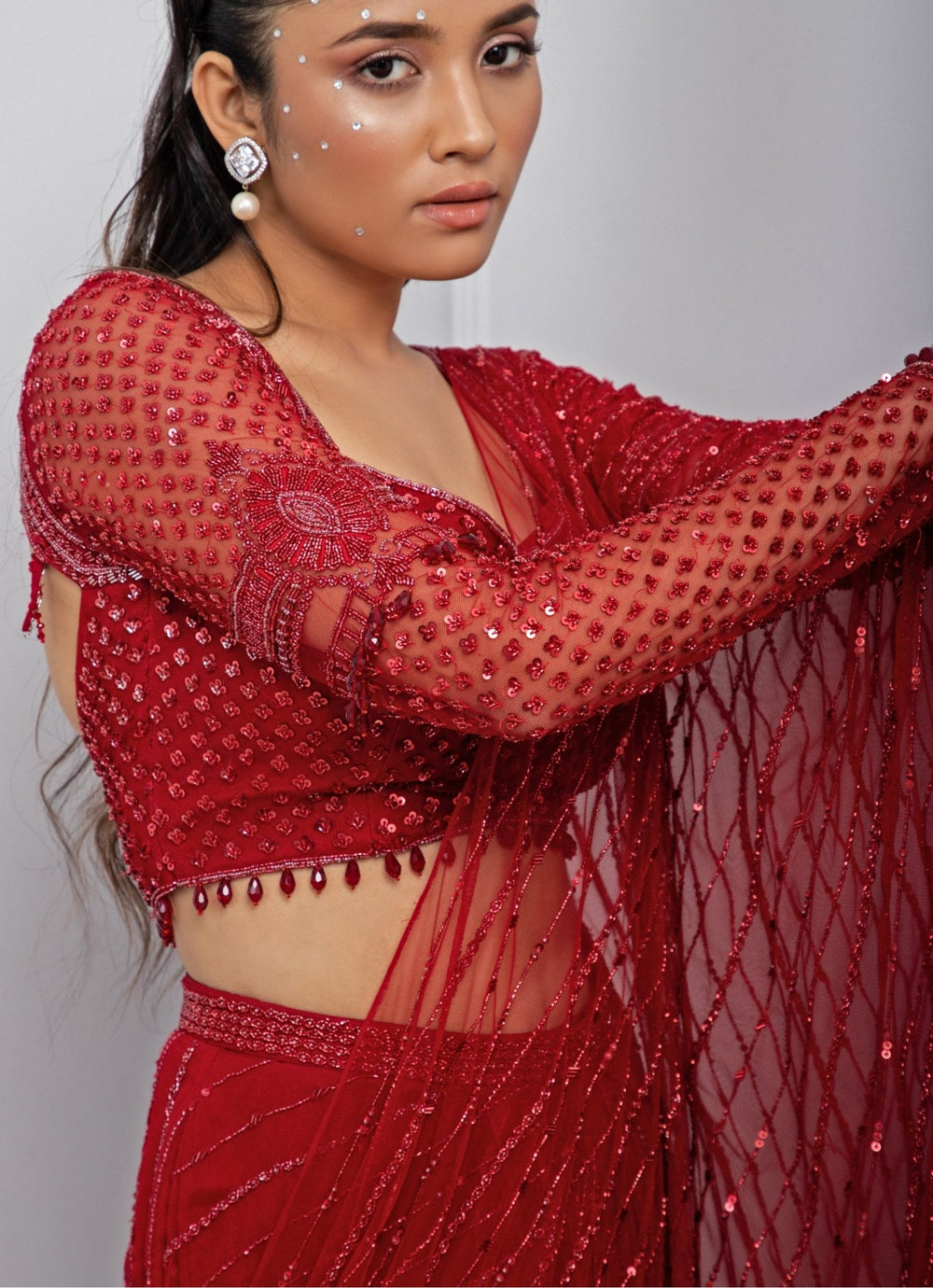 Red Sequin Soft Net Predraped Saree Set With Backless Blouse Smriti - Fabilicious Fashion