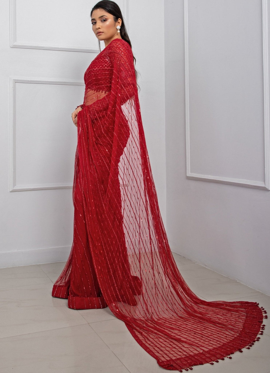 Red Sequin Soft Net Predraped Saree Set With Backless Blouse Smriti - Fabilicious Fashion