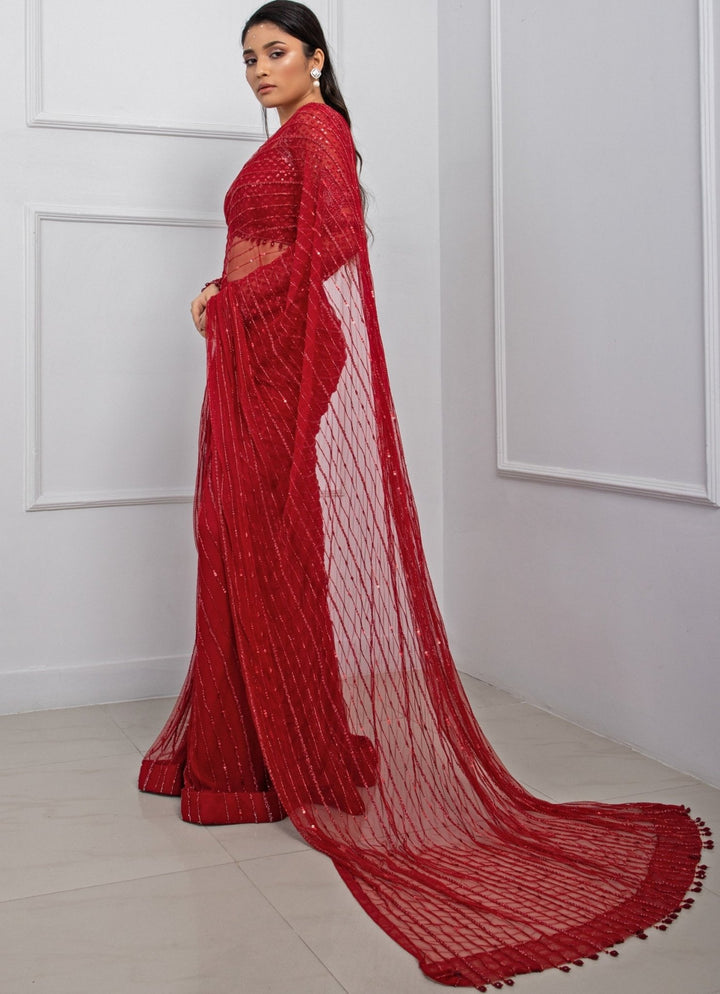 Red Sequin Soft Net Predraped Saree Set With Backless Blouse Smriti - Fabilicious Fashion