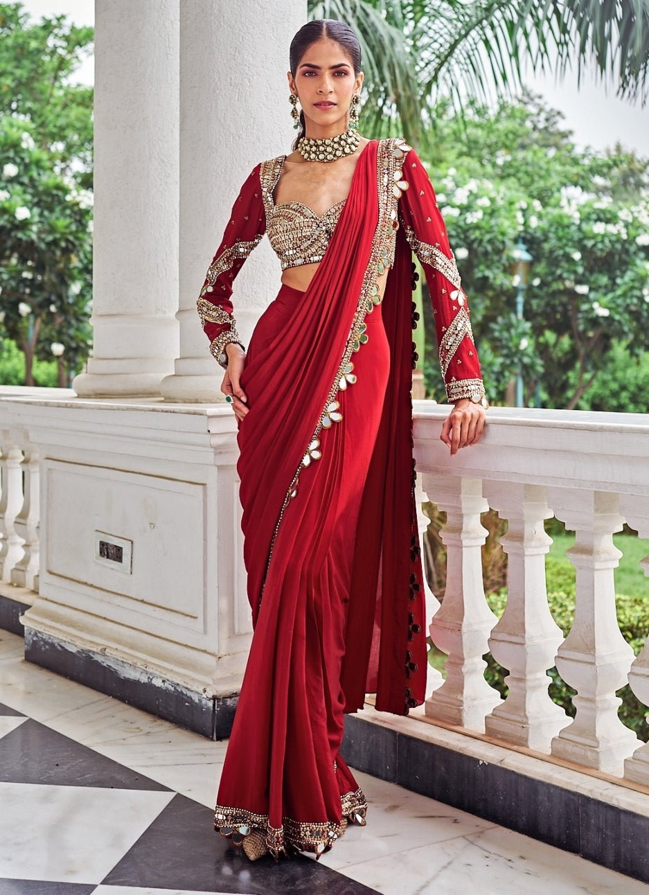 Red Sequinned Crepe Predraped Saree Set Nidhika Shekhar - Fabilicious Fashion