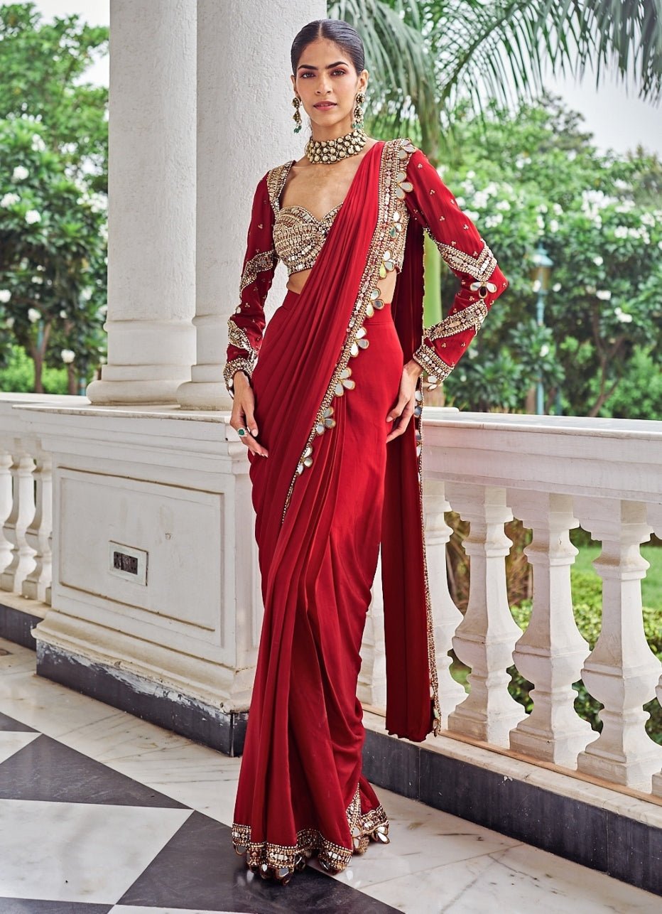 Red Sequinned Crepe Predraped Saree Set Nidhika Shekhar - Fabilicious Fashion