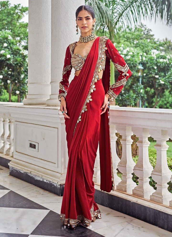 Red Sequinned Crepe Predraped Saree Set Nidhika Shekhar - Fabilicious Fashion