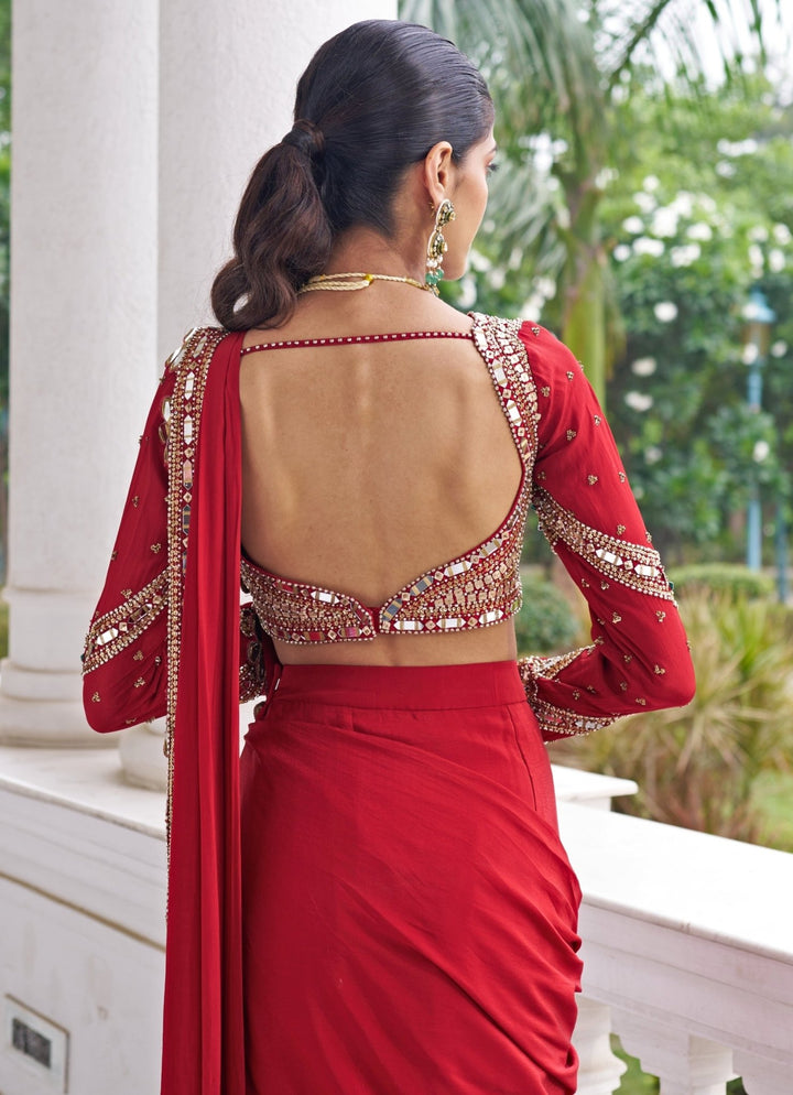 Red Sequinned Crepe Predraped Saree Set Nidhika Shekhar - Fabilicious Fashion