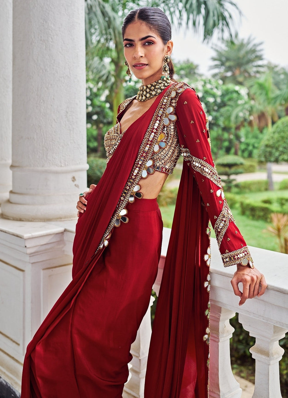 Red Sequinned Crepe Predraped Saree Set Nidhika Shekhar - Fabilicious Fashion