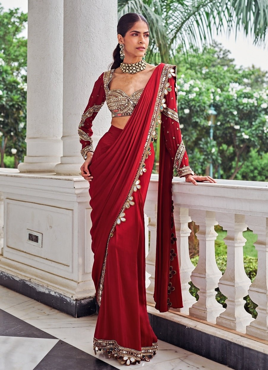 Red Sequinned Crepe Predraped Saree Set Nidhika Shekhar - Fabilicious Fashion