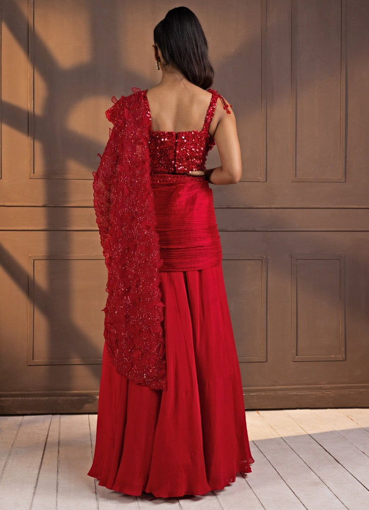 Red Sequinned Draped Chiffon Saree Smriti - Fabilicious Fashion