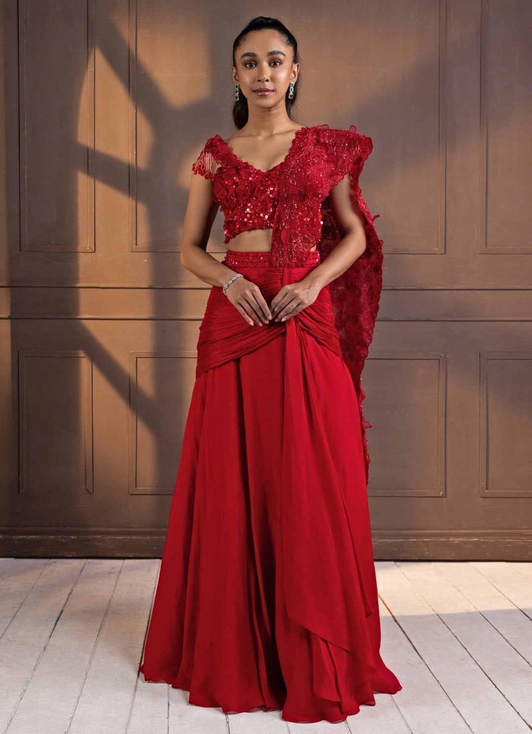 Red Sequinned Draped Chiffon Saree Smriti - Fabilicious Fashion