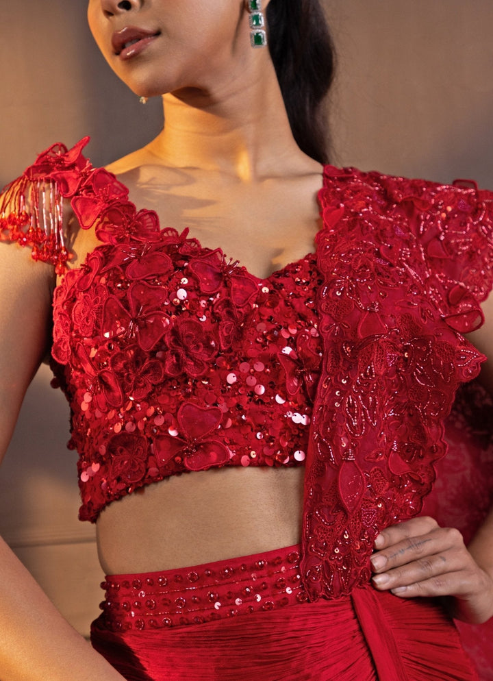 Red Sequinned Draped Chiffon Saree Smriti - Fabilicious Fashion