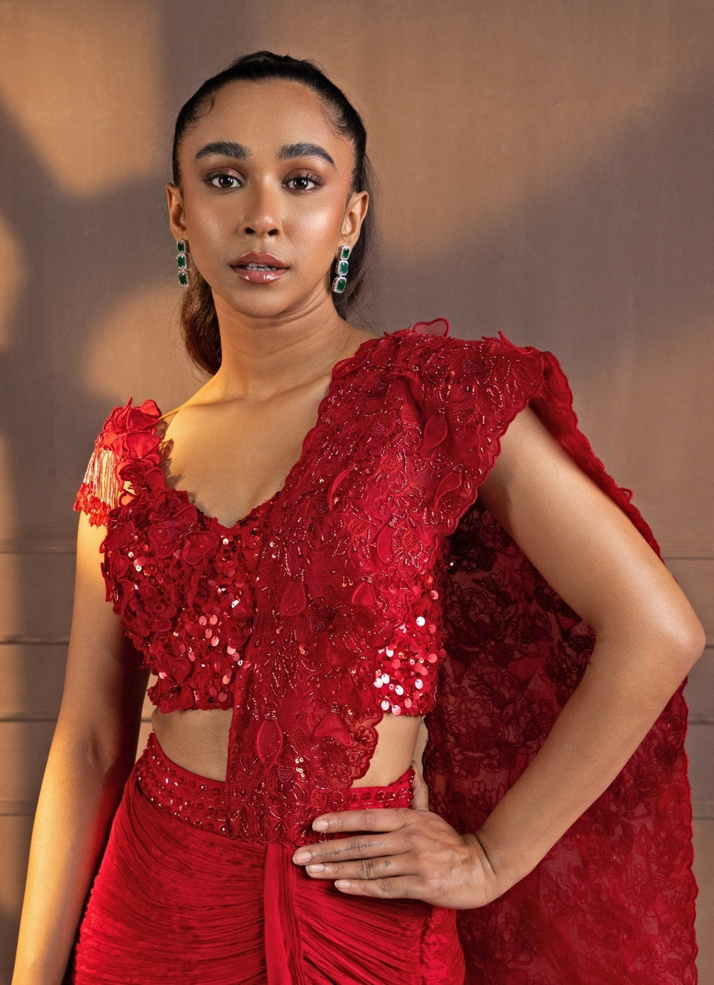 Red Sequinned Draped Chiffon Saree Smriti - Fabilicious Fashion