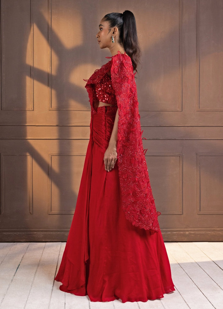 Red Sequinned Draped Chiffon Saree Smriti - Fabilicious Fashion
