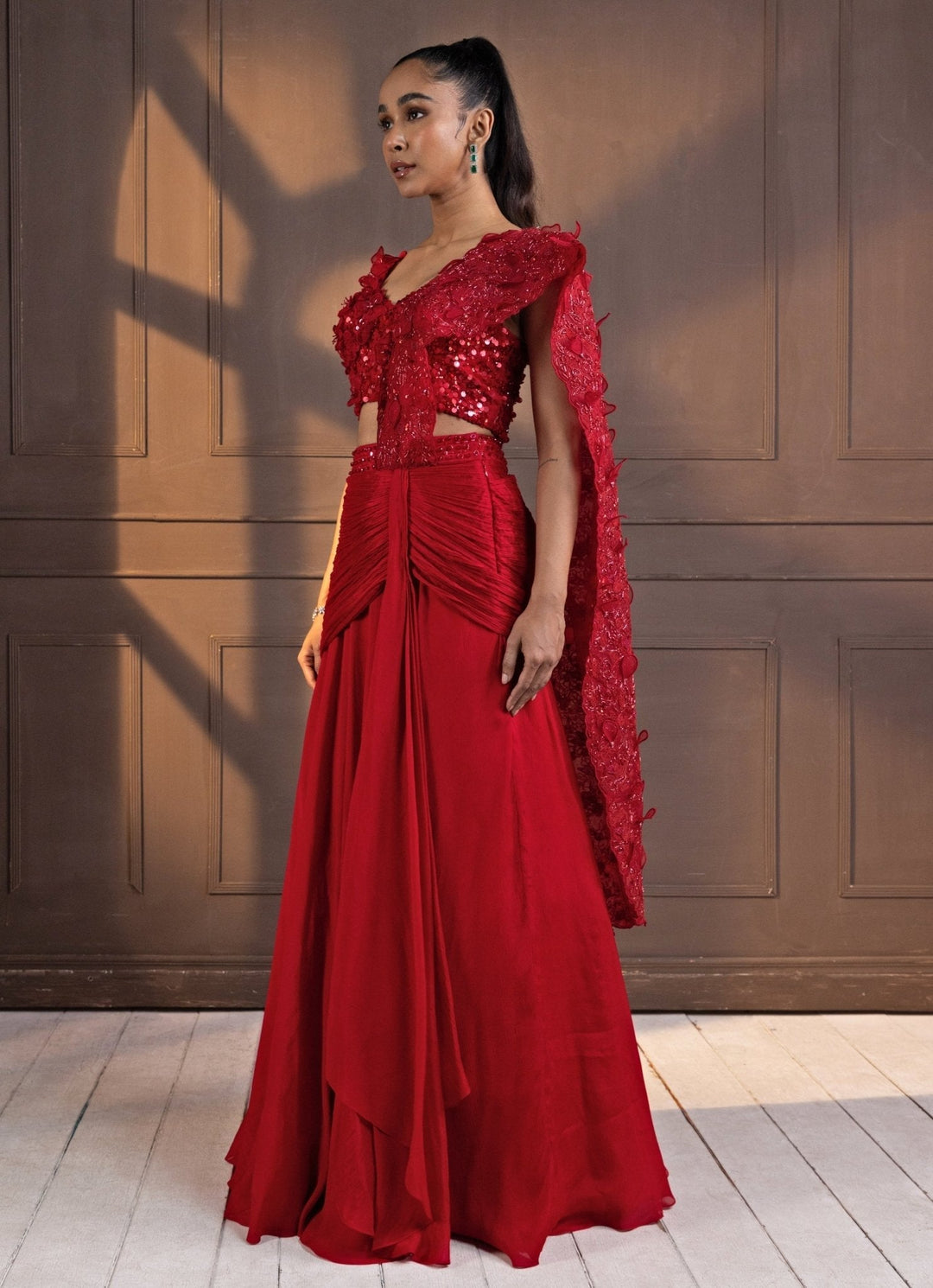 Red Sequinned Draped Chiffon Saree Smriti - Fabilicious Fashion