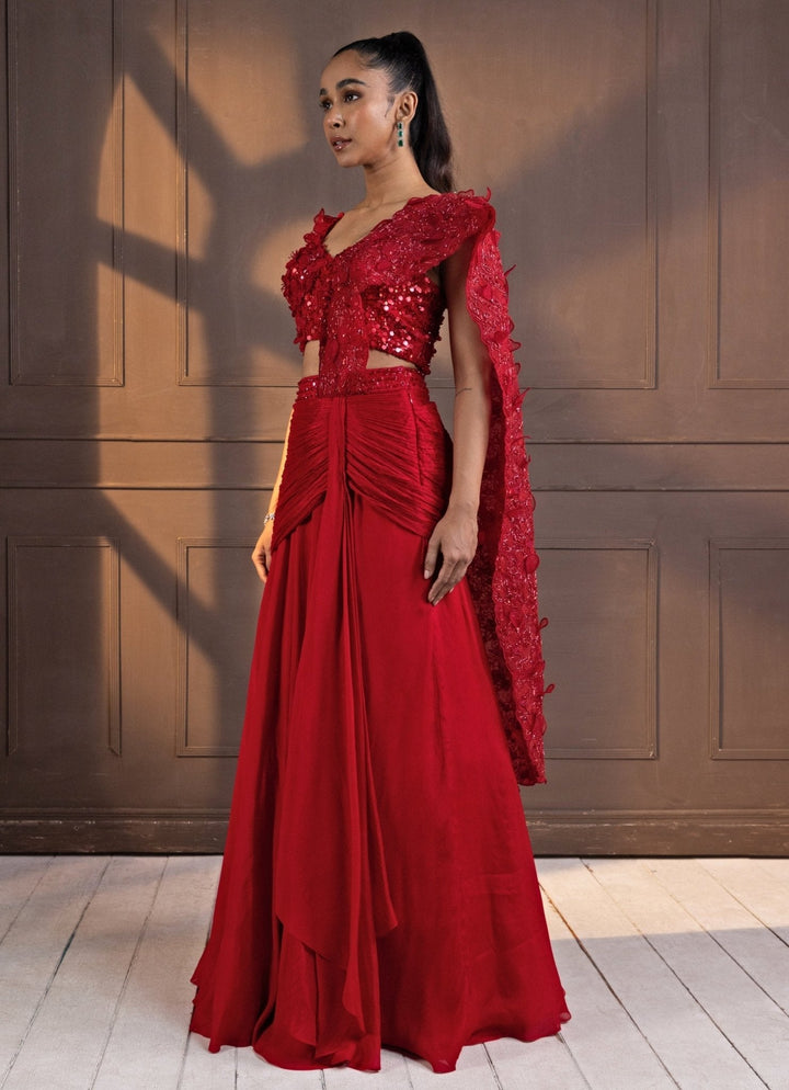 Red Sequinned Draped Chiffon Saree Smriti - Fabilicious Fashion