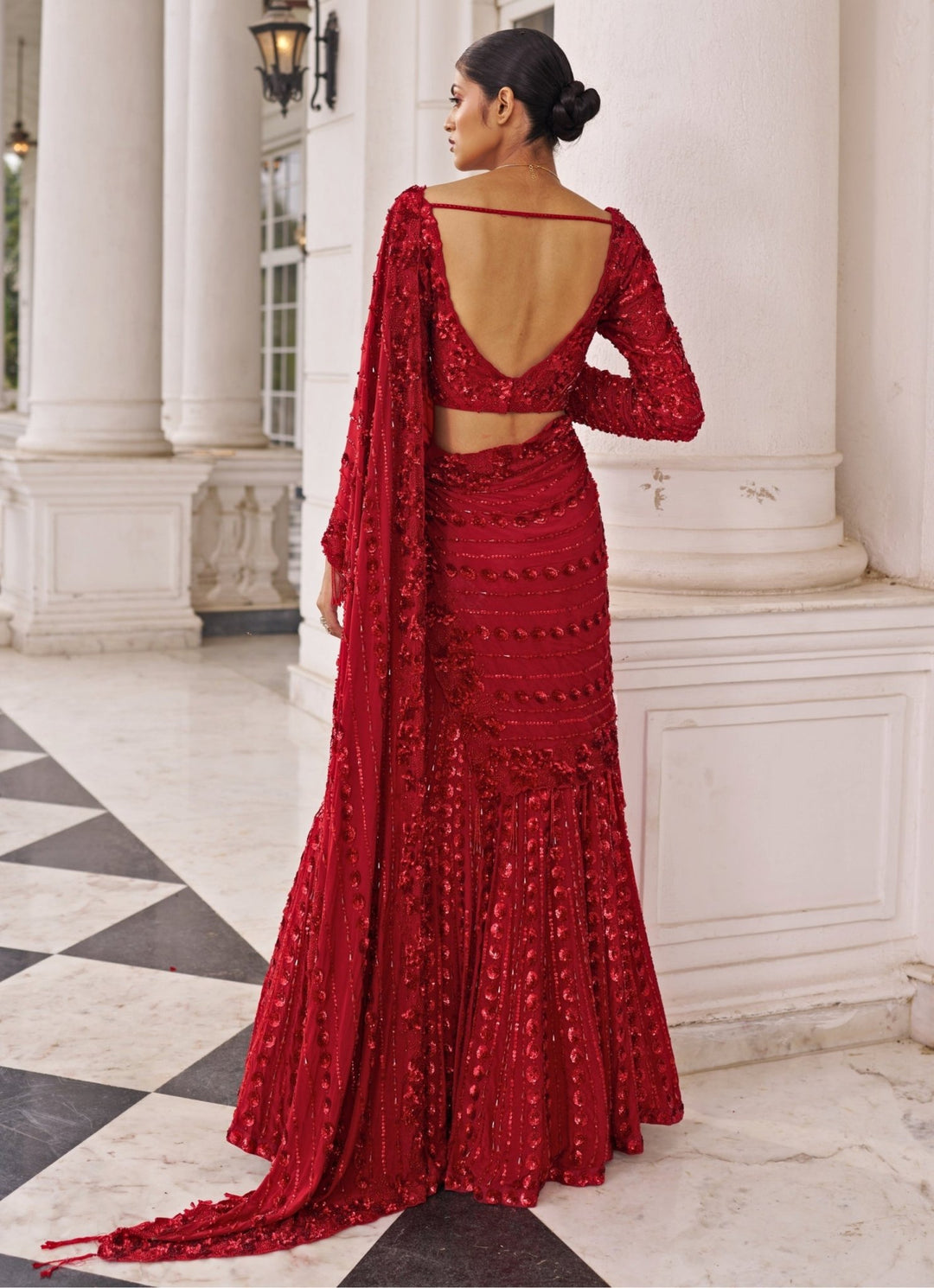 Red Sequinned Georgette Predraped Saree Set Nidhika Shekar - Fabilicious Fashion