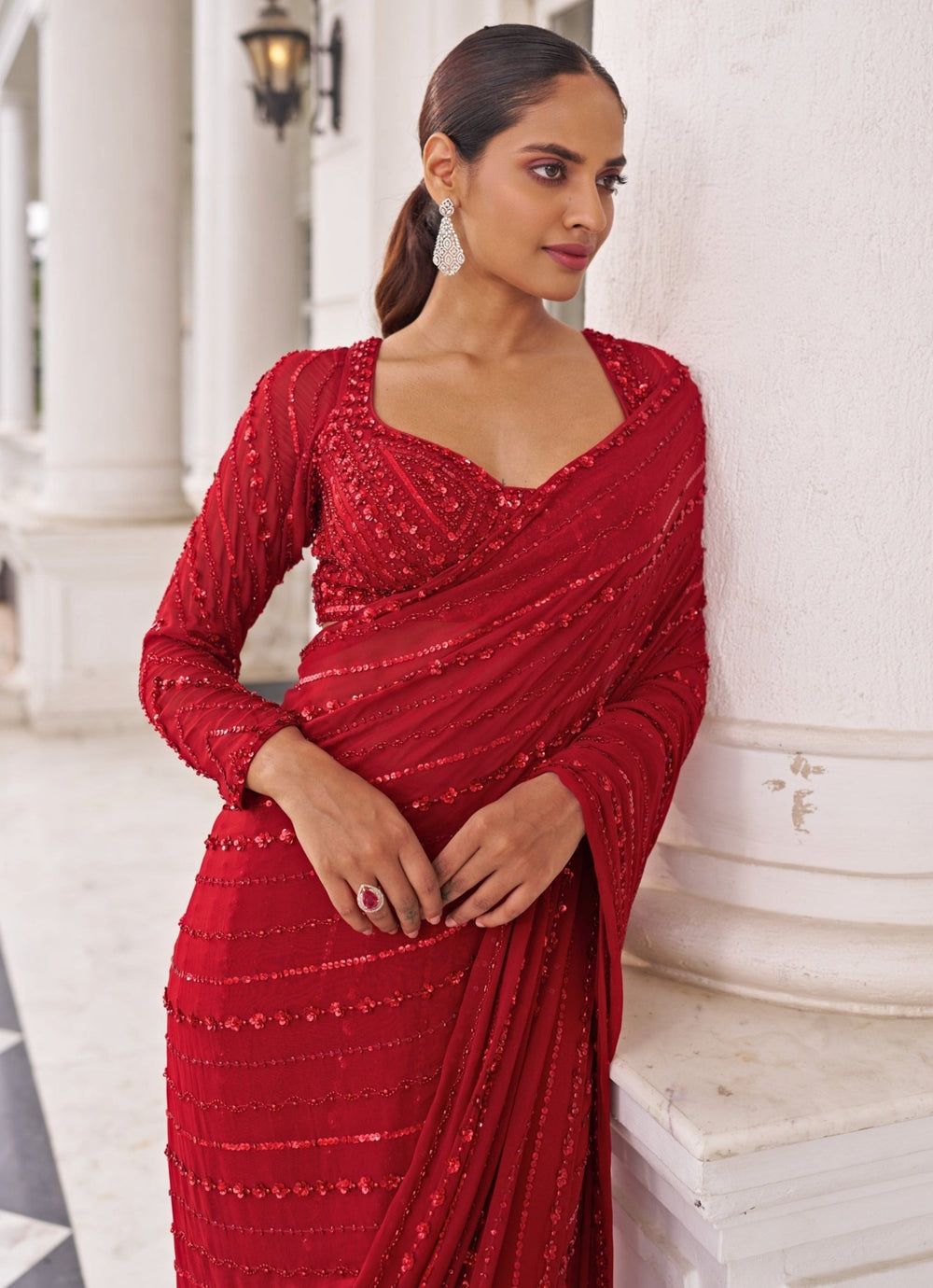 Red Sequinned Georgette Predraped Saree Set Nidhika Shekar - Fabilicious Fashion