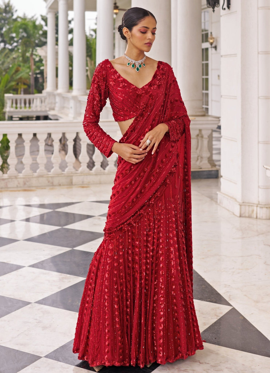 Red Sequinned Georgette Predraped Saree Set Nidhika Shekar - Fabilicious Fashion