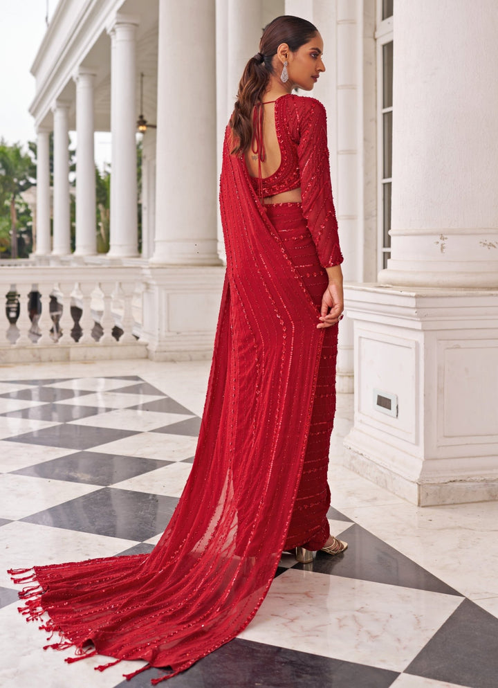 Red Sequinned Georgette Predraped Saree Set Nidhika Shekar - Fabilicious Fashion