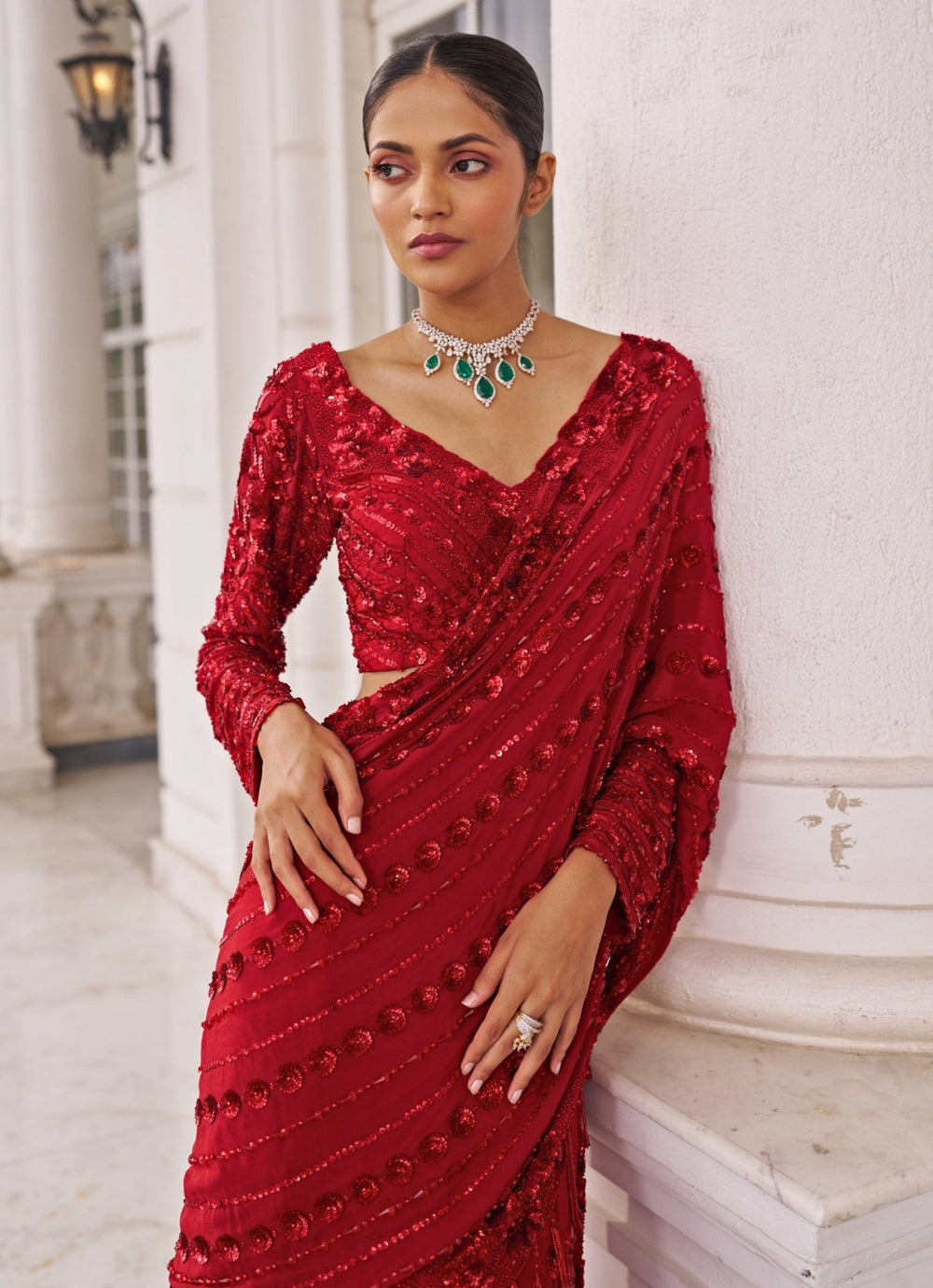 Red Sequinned Georgette Predraped Saree Set Nidhika Shekar - Fabilicious Fashion