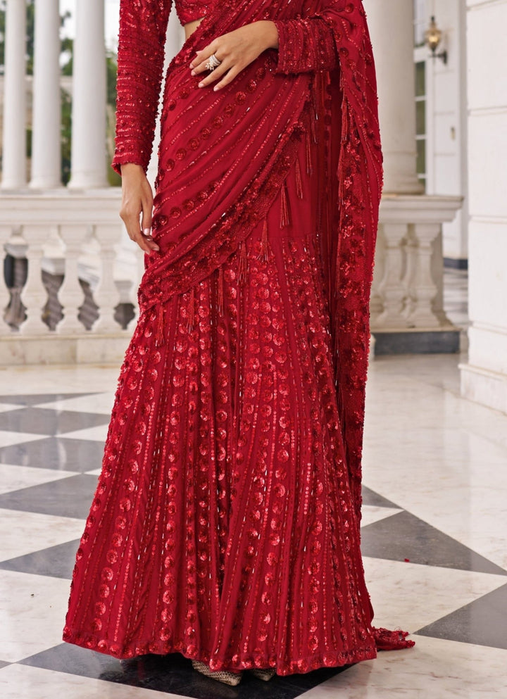 Red Sequinned Georgette Predraped Saree Set Nidhika Shekar - Fabilicious Fashion