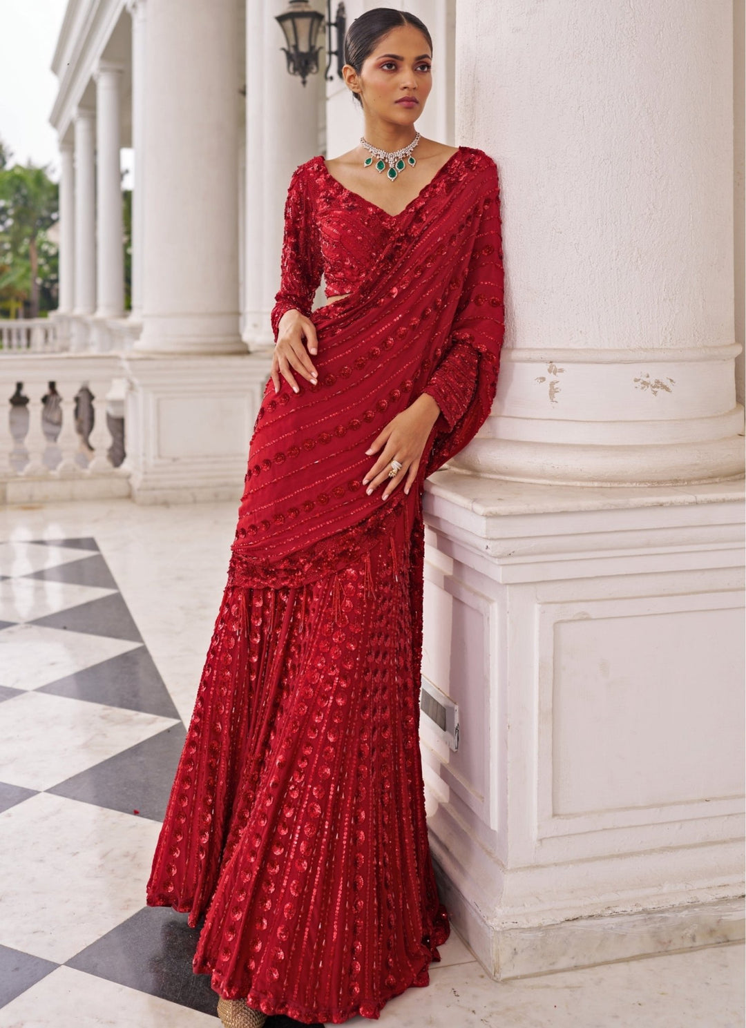 Red Sequinned Georgette Predraped Saree Set Nidhika Shekar - Fabilicious Fashion