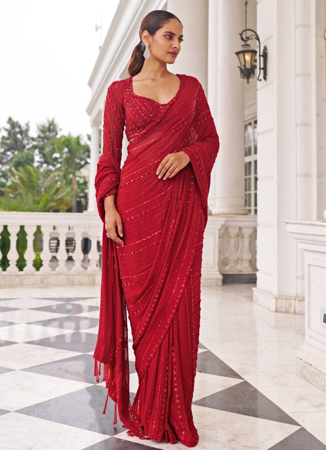 Red Sequinned Georgette Predraped Saree Set Nidhika Shekar - Fabilicious Fashion