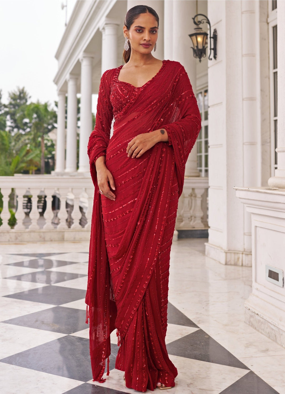 Red Sequinned Georgette Predraped Saree Set Nidhika Shekar - Fabilicious Fashion