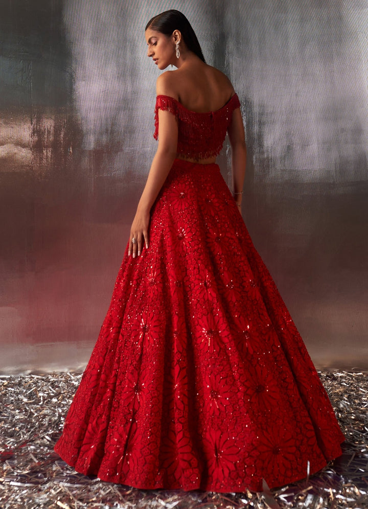 Red Sequins Embroidered Bridal Lehenga Set Angad Singh - Fabilicious Fashion