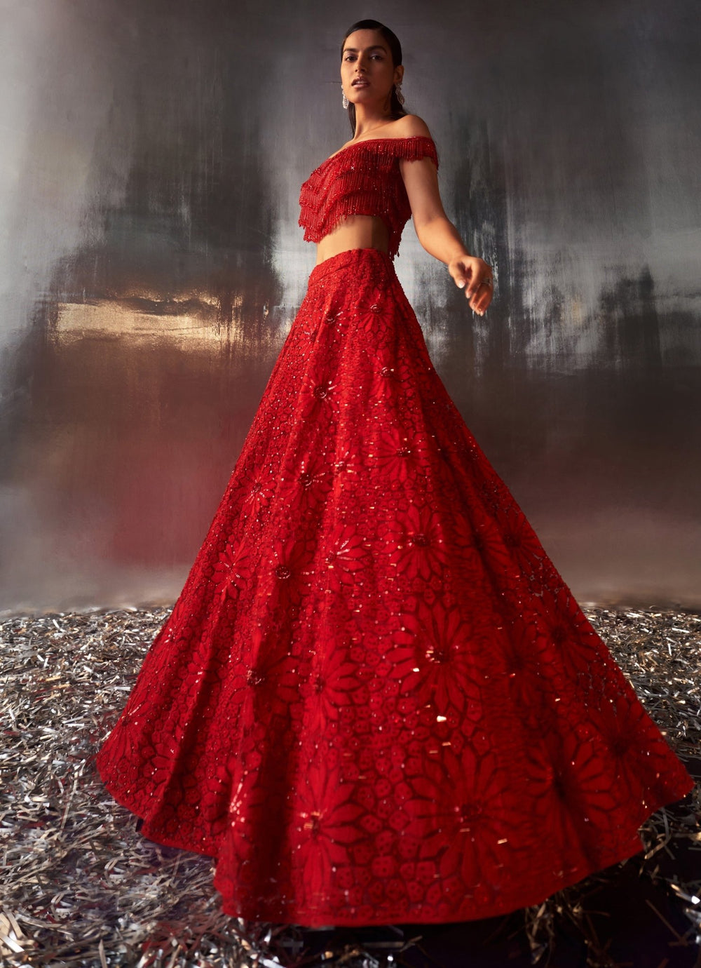 Red Sequins Embroidered Bridal Lehenga Set Angad Singh - Fabilicious Fashion