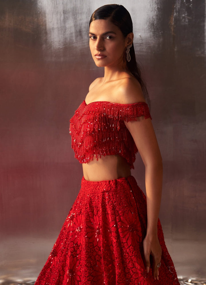 Red Sequins Embroidered Bridal Lehenga Set Angad Singh - Fabilicious Fashion